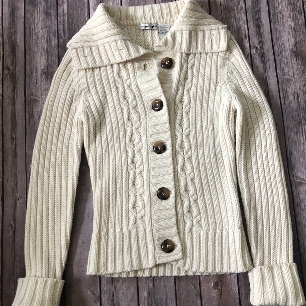 Energie Chunky Button Down Ivory Sweater Medium